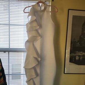 White Scuba Body Con Dress with Ruffle